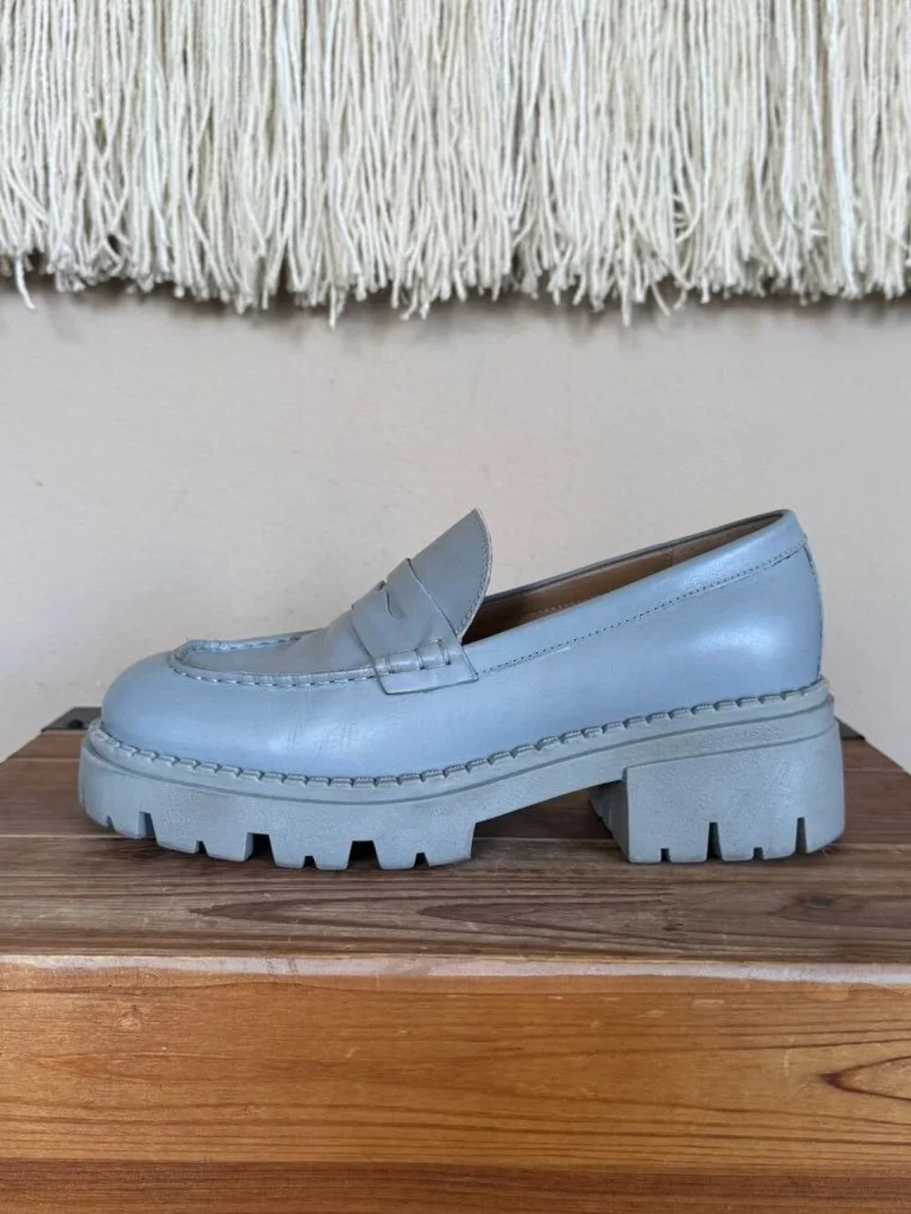Free People Lyra Dusty Blue Genuine Leather Platform Lug Sole Loafer Size 8/38.5